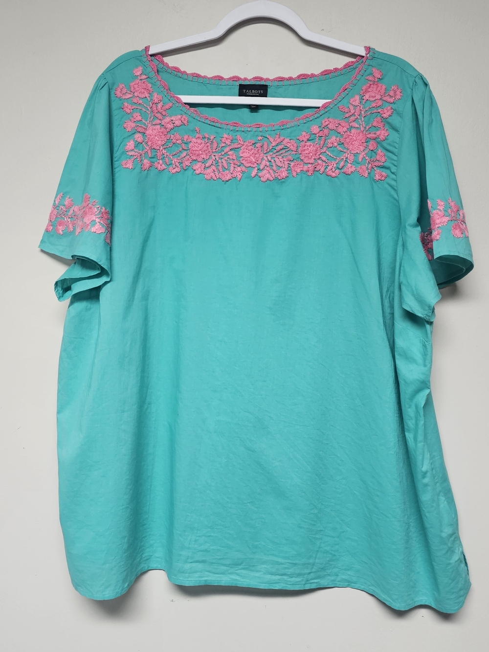 Talbots Teal Pink Embroidered Floral Scoop Neck Top 3X Petite Colorful Cotton